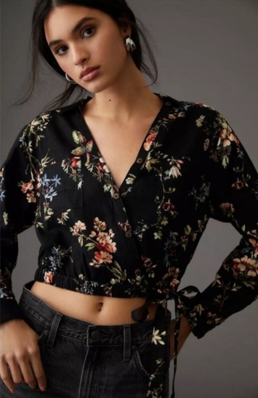 Pilcro Anthropologie L Black Floral Linen Blend Cropped Waist Tie Blouse 0087